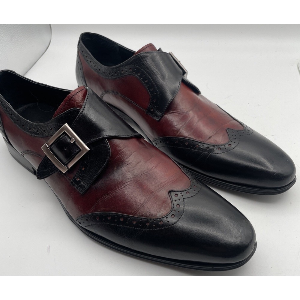 Carrucci Men's Monk Strap Burgundy Black Leather Wingtip Dress Shoes Size 12